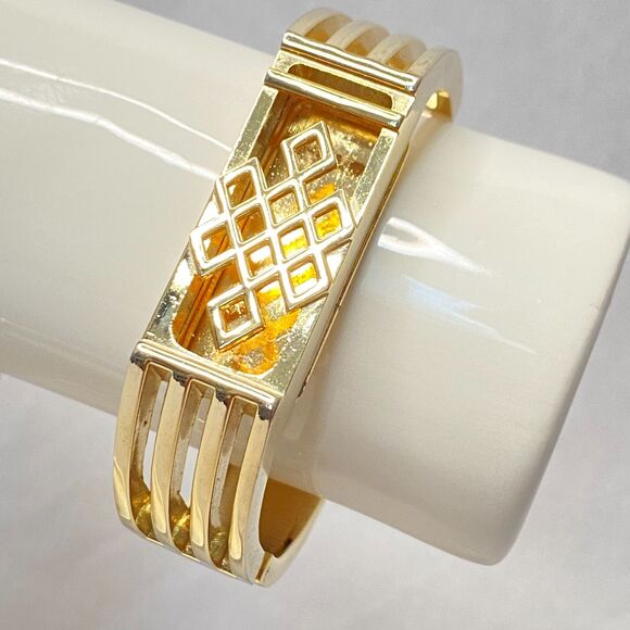 Chunky Gold Tone Hinge Bracelet Geometric Pattern - Picture 3 of 10